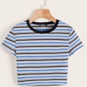 Contrast Neck Striped Rib-Knit Crop Tee Size S